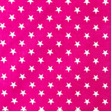 115CM PRINTED POLY COTTON WHITE STARS PINK BACKGROUND